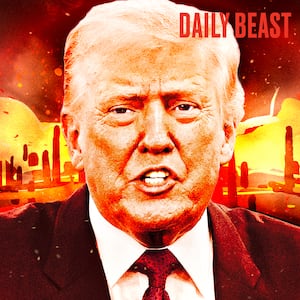 A photo illustration Donald Trump with an exploding city behind him.