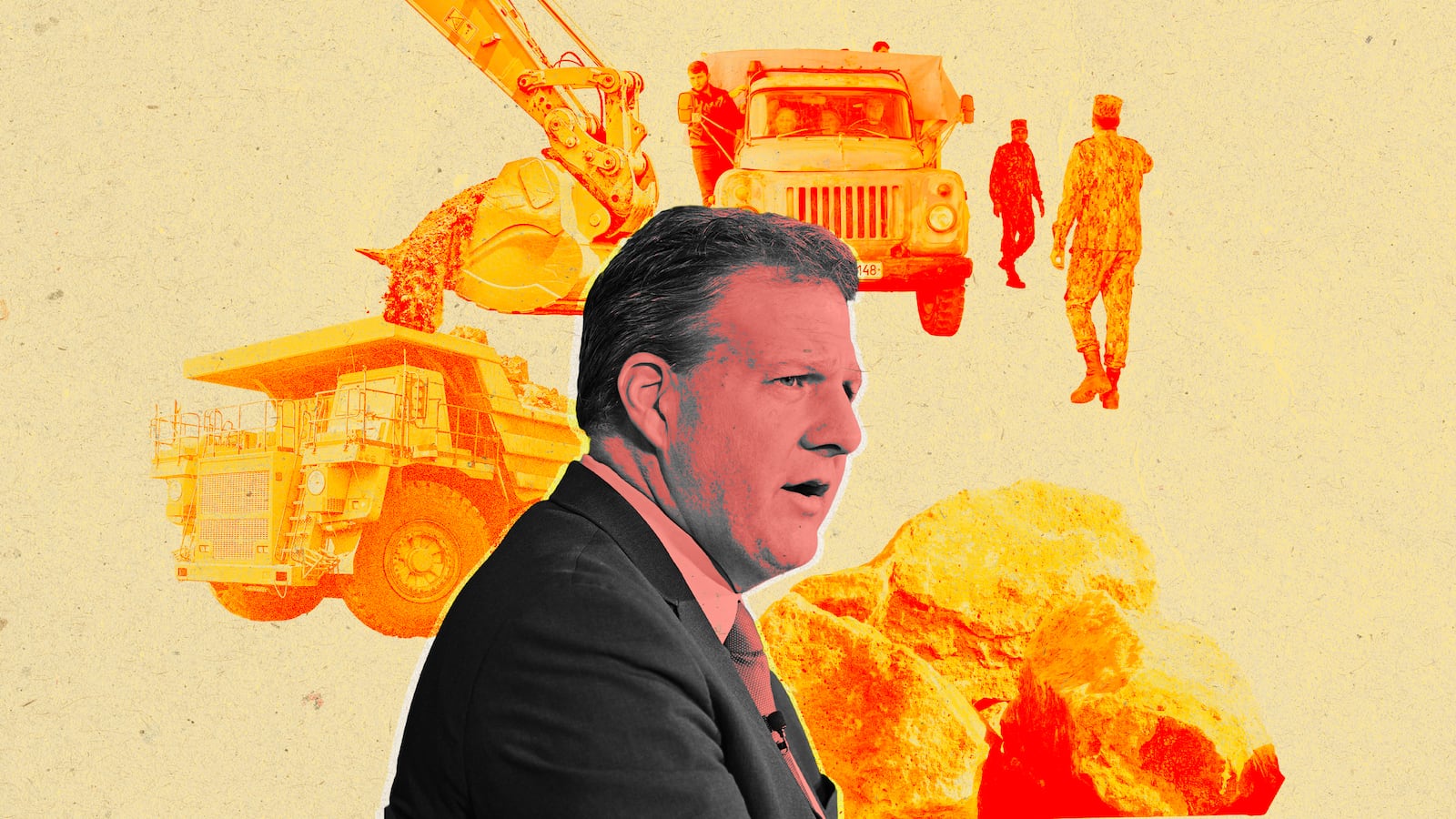 Photo illustration of New Hampshire Governor Chris Sununu, refugees fleeing Nagorno-Karabakh, and mining operations.