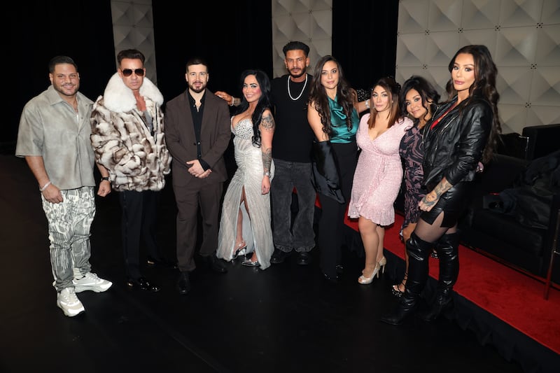 Ronnie Ortiz-Magro, Mike "The Situation" Sorrentino, Vinny Guadagnino, Angelina Pivarnick, Paul "Pauly D" DelVecchio, Sammi Giancola, Deena Nicole Cortese, Nicole Polizzi, and Jenni Farley attend The Cast of “Jersey Shore” Roast at Hard Rock Hotel & Casino Atlantic City on December 01, 2025