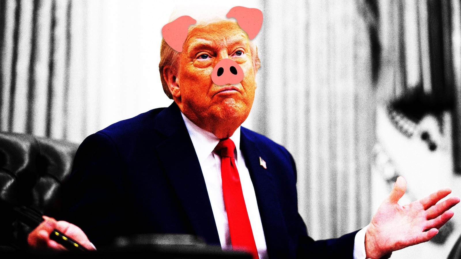 Donald Trump shrugging with pig ears and snout