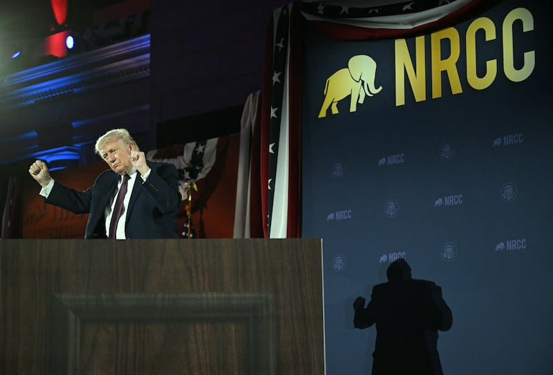 President Donald Trump dances after speaking at the National Republican Congressional Committee's annual President's Dinner at Union Station in Washington, DC on March 25, 2026.