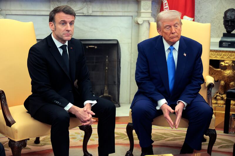 President Donald Trump meets with President Emmanuel Macron in the Oval Office at the White House on February 24, 2025.