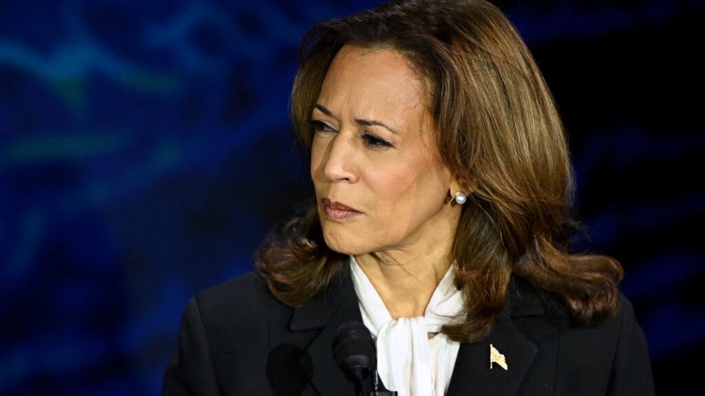US Vice President Kamala Harris gestures as Donald Trump speaks during a presidential debate at the National Constitution Center in Philadelphia.