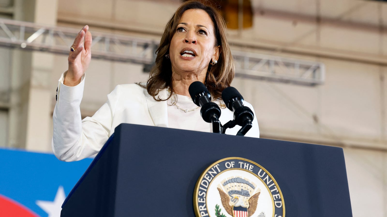 US Vice President and Democratic presidential candidate Kamala Harris speaks during a campaign rally at Detroit Metropolitan Airport in Romulus, Michigan, August 7, 2024.