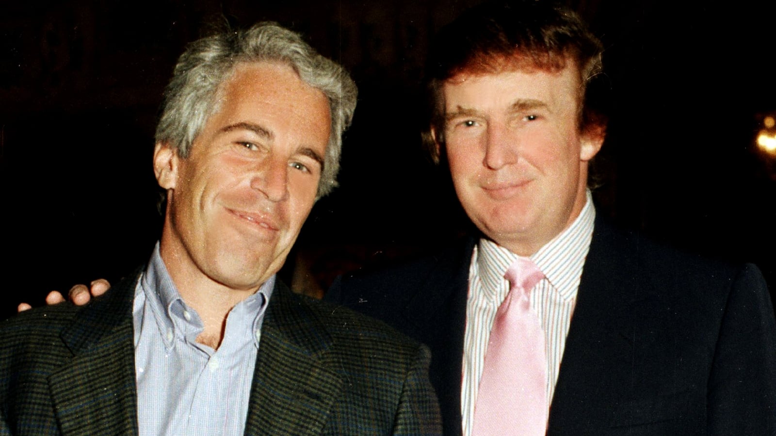 Portrait of American financier Jeffrey Epstein (left) and real estate developer Donald Trump as they pose together at the Mar-a-Lago estate, Palm Beach, Florida, 1997.