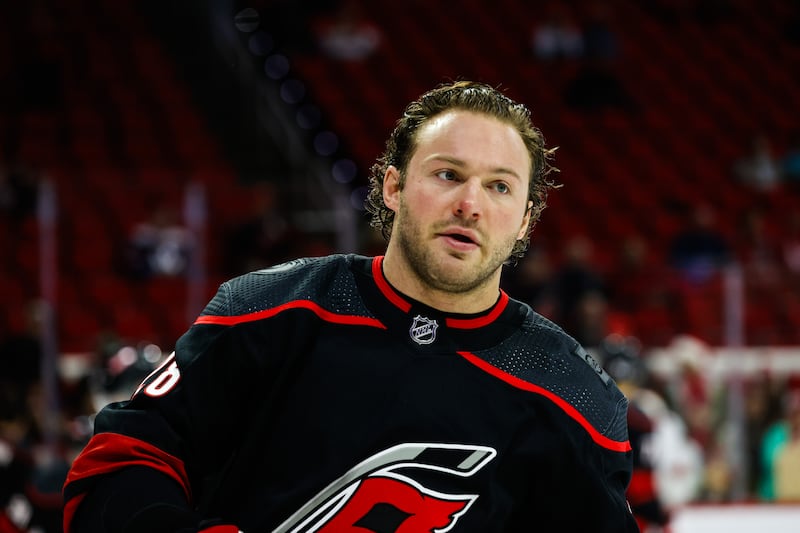 RALEIGH, NC - DECEMBER 17: Brendan Lemieux #28 of the Carolina Hurricanes looks on during the warmups of the game against the Carolina Hurricanes at PNC Arena on December 17, 2023 in Raleigh, North Carolina. (Photo by Jaylynn Nash/Getty Images)