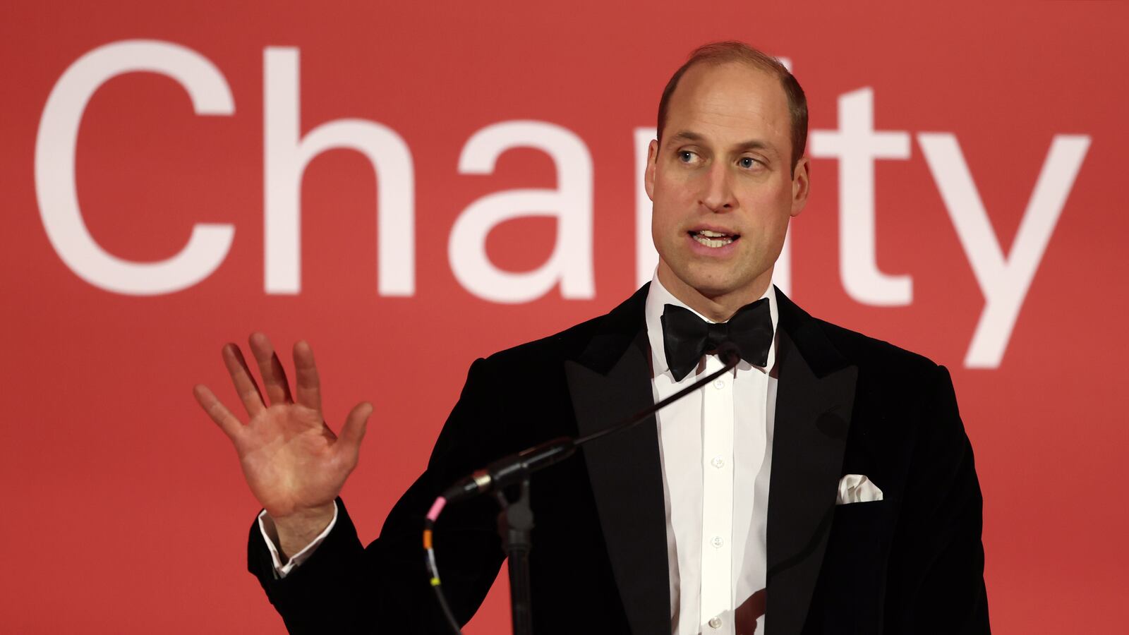 Britain's Prince William, Prince of Wales delivers a speech during the London Air Ambulance Charity Gala Dinner at The OWO on February 7, 2024 in London, England.