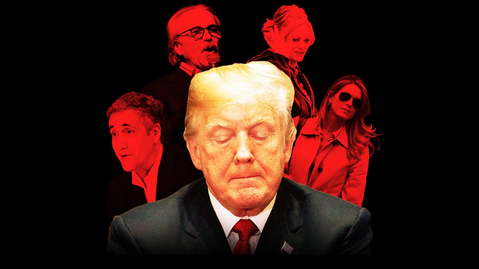 A photo illustration of Donald Trump, Michael Cohen, David Pecker, Stormy Daniels and Hope Hicks.