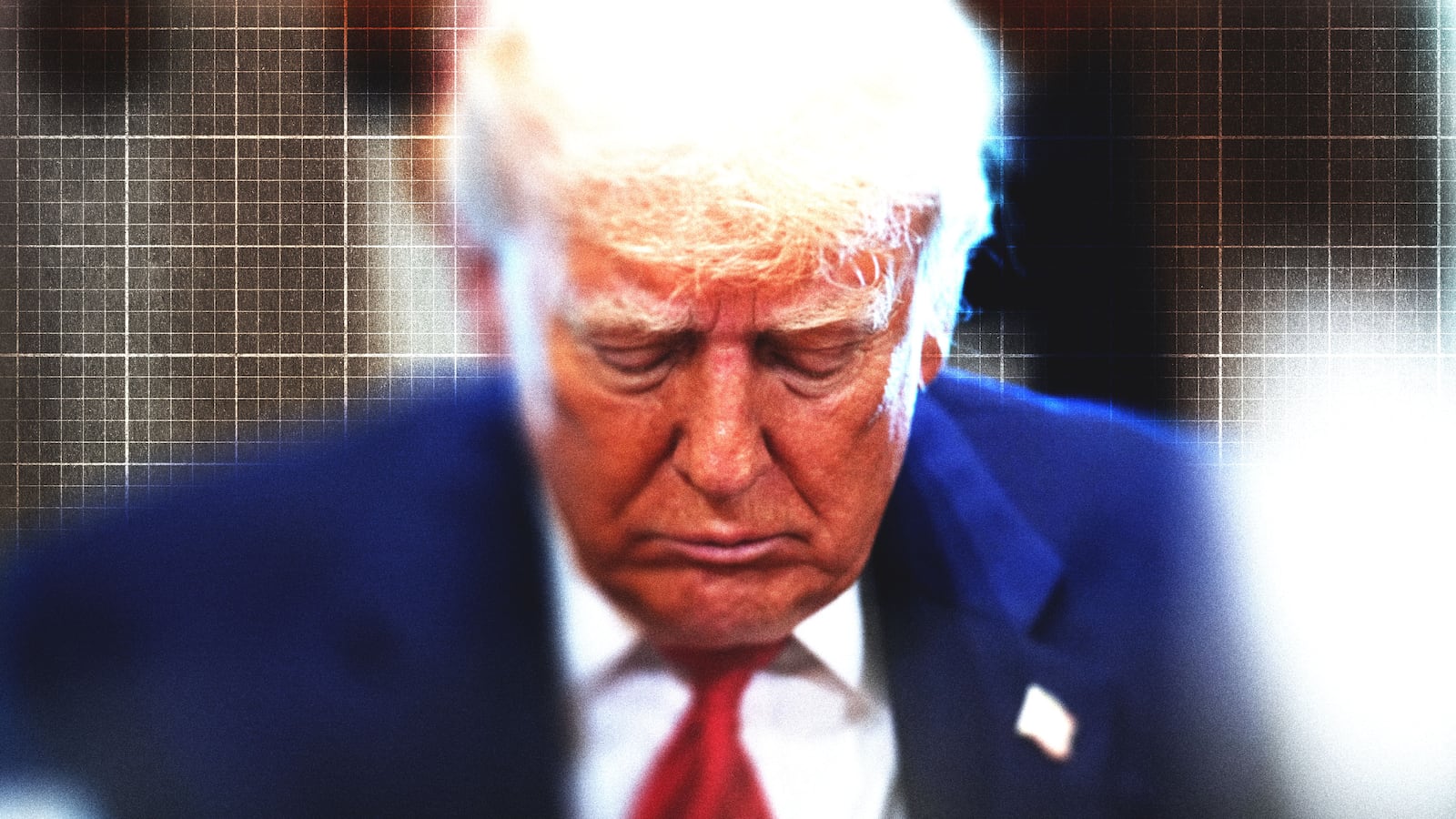 Donald Trump looking down with graph paper in the background