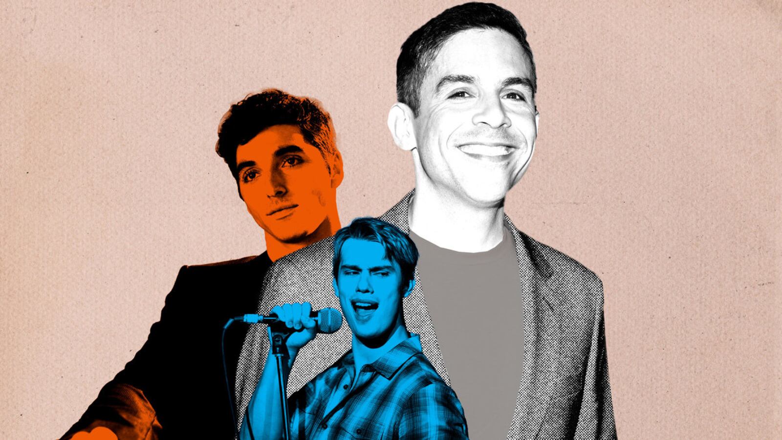 A photo illustration of Matthew Lopez with the cast of Red, White and Royal Blue.