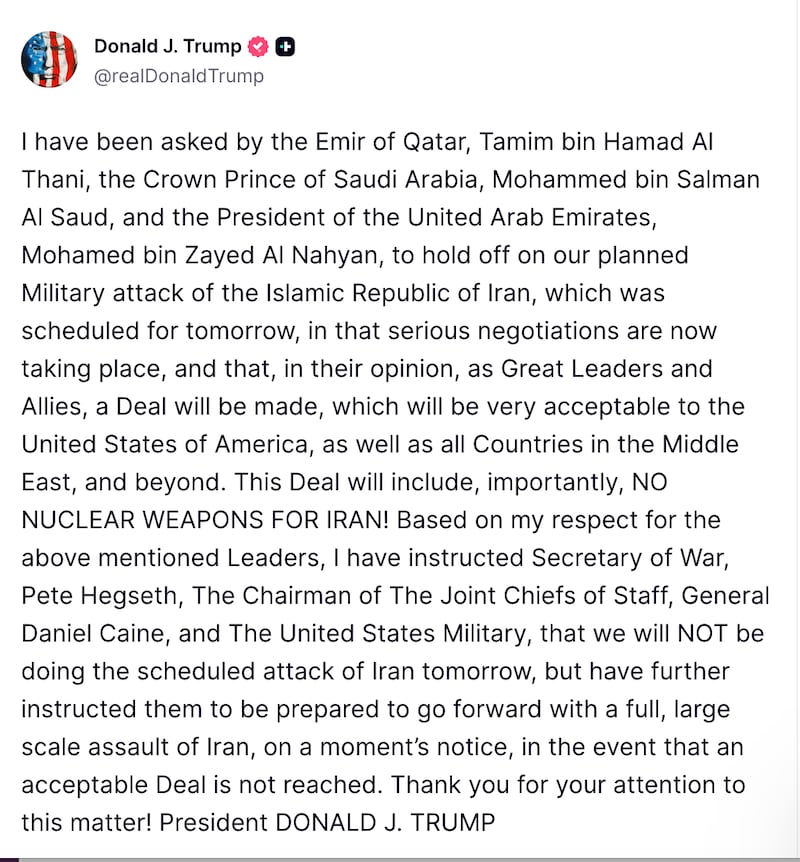 Trump announced on Truth Social that he was calling off a previously undisclosed attack on Iran.