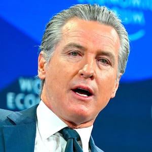 Gavin Newsom gestures as he speaks during the World Economic Forum (WEF) annual meeting in Davos on January 22, 2026.