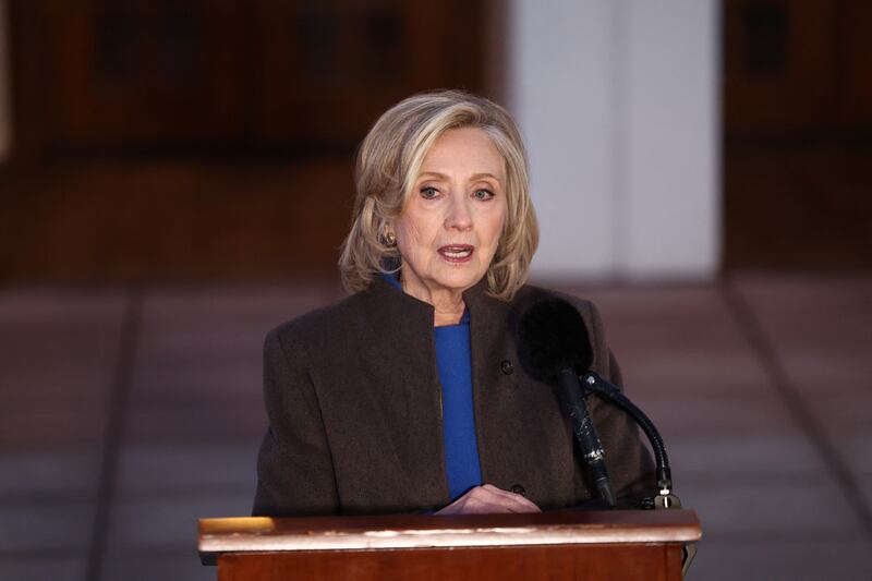 Former Secretary of State Hillary Clinton, pictured in February, blasted Trump for his "unhinged" posts about Iran and the pope.