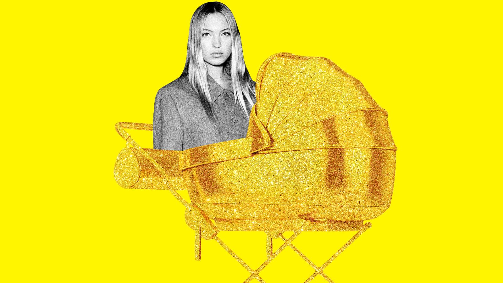 An illustration including a photo of Lila Moss and a golden stroller