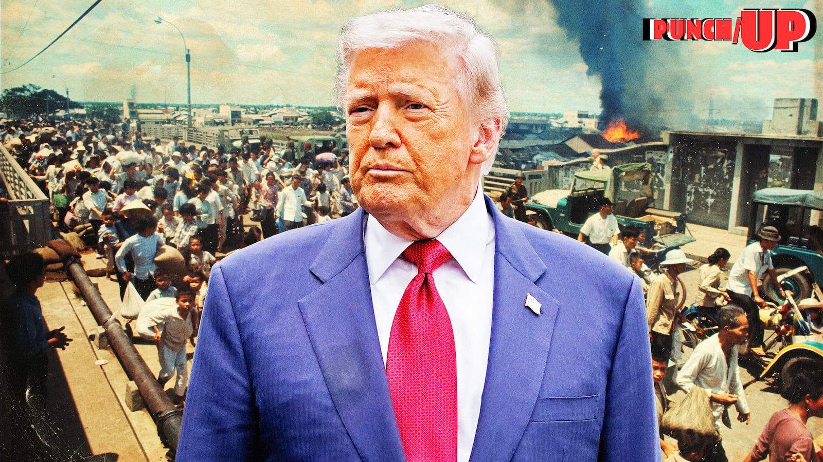 A photo illo illustration PunchUp of Donald Trump and Vietnamese refugees in Saigon during the Vietnam War.