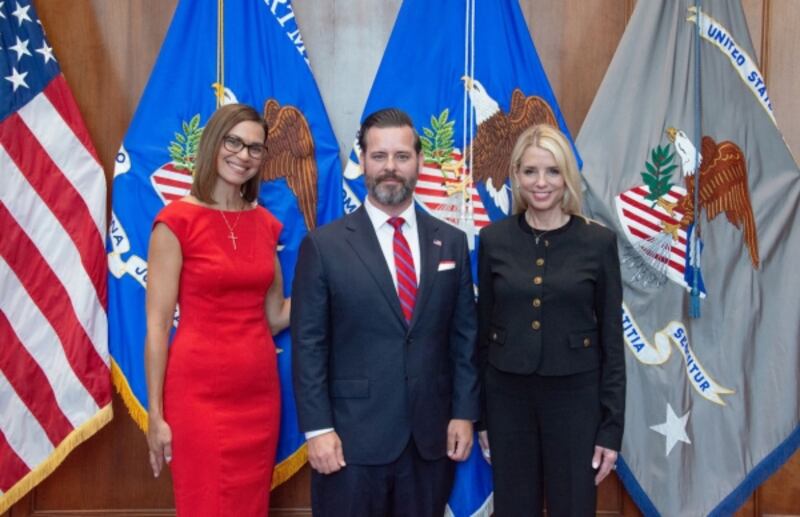 U.S. Attorney General Pam Bondi, right, herself a Florida native, attended the swearing-in ceremony for Jason Reding Quiñones.