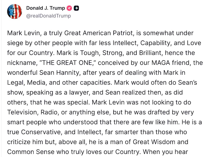Trump praises Mark Levin on Truth Social