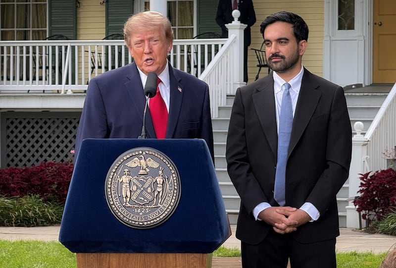 US President Donald Trump and New York City Mayor Zohran Mamdani speak to reporters during a press conference following their meeting at Gracie Mansion in New York City, US, September 21, 2026. Picture taken with a mobile phone. REUTERS/Andrew Hoffstetter