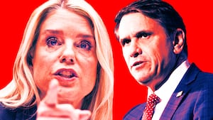 A photo illo illustration of Pam Bondi and Todd Blanche.