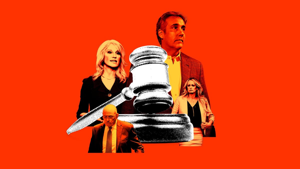 A photo illustration of Stormy Daniels, Allen Weisselberg, Michael Cohen, and Kellyanne Conway