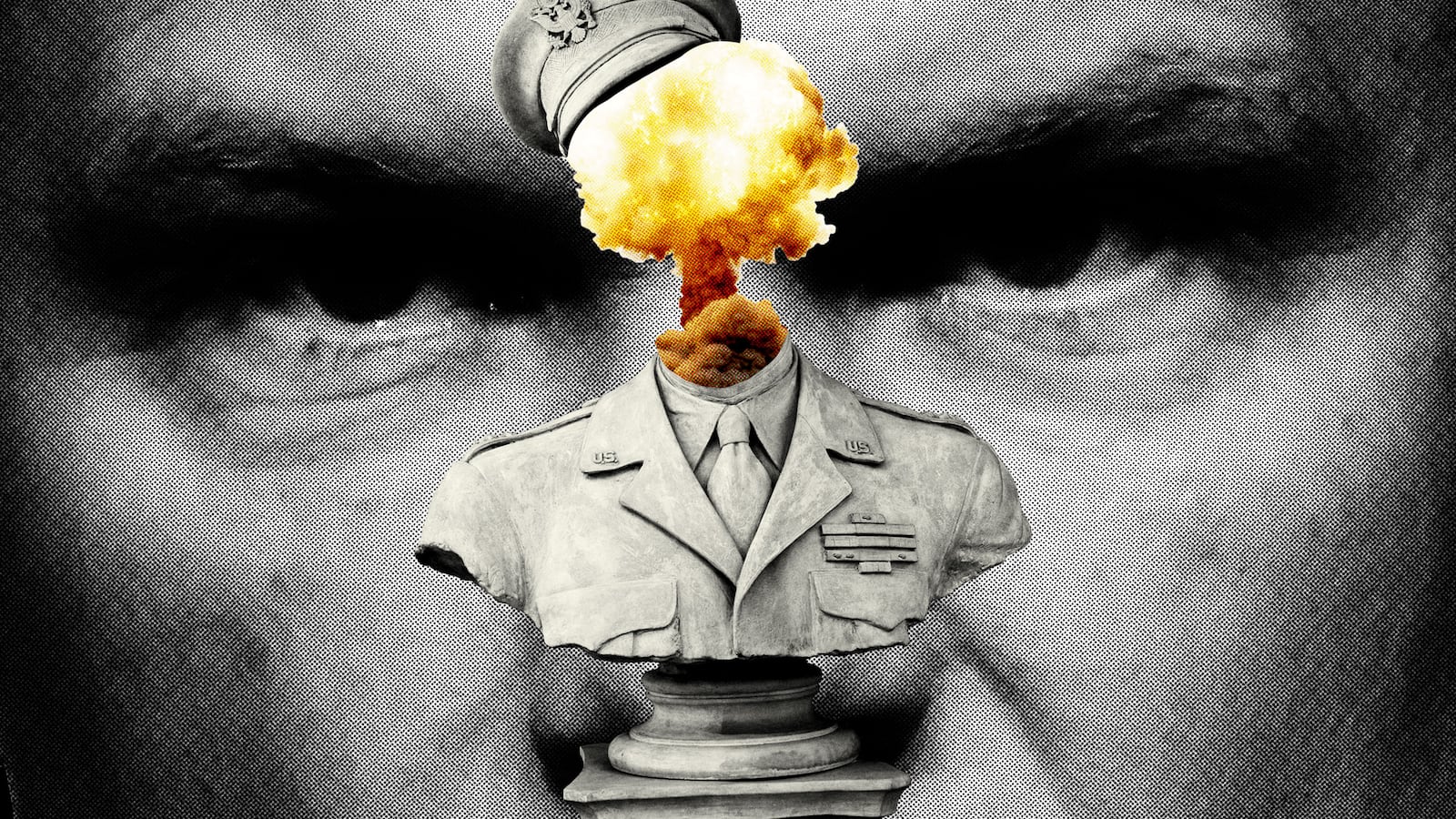 Bust of a united states general with a bomb explosion in front of the close-up face of Pete Hegseth