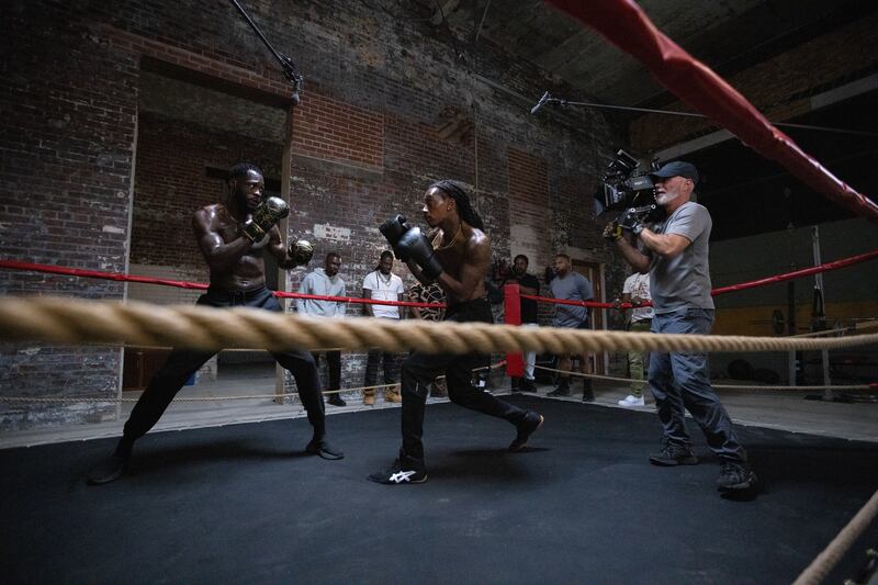 Boxer Deontay Wilder, left, and Wiz Khalifa, right, on the set of ‘Moses the Black.’