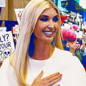 Ivanka Trump in front of protesters.