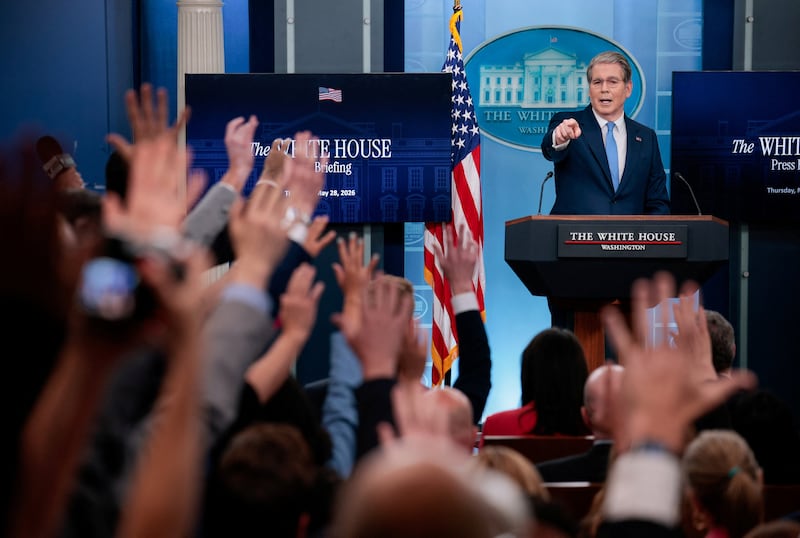 Reporters raise their hands to ask questions as U.S. Treasury Secretary Scott Bessent speaks during a press briefing in the James S. Brady Press Briefing Room at the White House in Washington, D.C. on May 28, 2026.