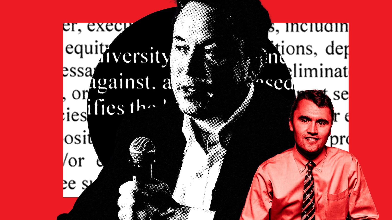 A photo illustration shows Elon Musk and Charlie Kirk in front of DEI language