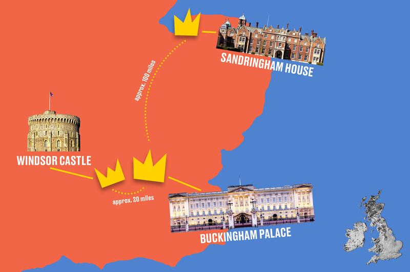 Illustrated map showing Windsor Castle, Buckingham Palace, and Sandringham House in the United Kingdom