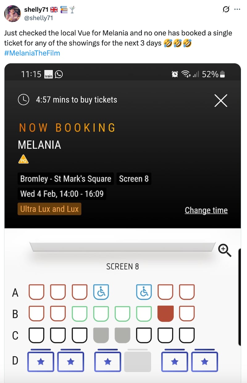 A screenshot of a post on X displaying low ticket sales for 'Melania' at a local UK theater.
