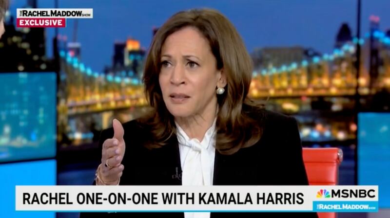 Kamala Harris calls Trump a "tyrant" on The Rachel Maddow Show.