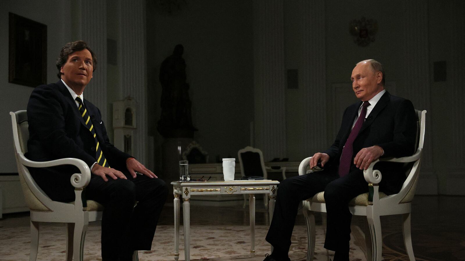 Russia's President Vladimir Putin gives an interview to US talk show host Tucker Carlson at the Kremlin in Moscow on February 6, 2024.