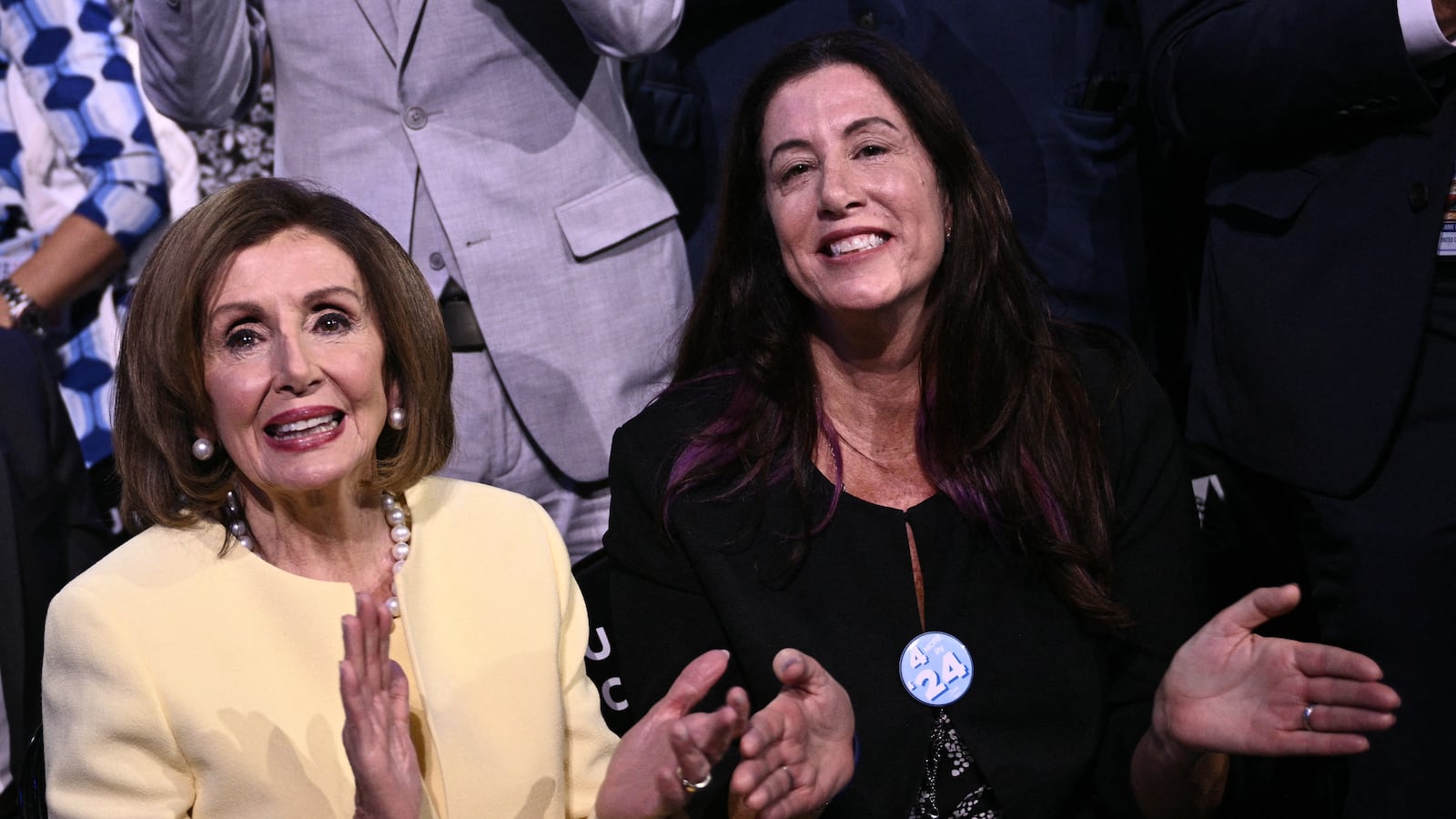 Former US House Speaker Nancy Pelosi and her daughter Christine Pelosi attend the first day of the Democratic National Convention (DNC) at the United Center in Chicago, Illinois, on August 19, 2024. Vice President Kamala Harris will formally accept the party's nomination for president at the DNC which runs from August 19-22 in Chicago.