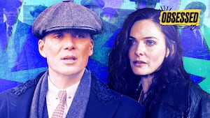 A photo illustration for the Obsessed podcast of Cillian Murphy and Rebecca Ferguson in Peaky Blinders.