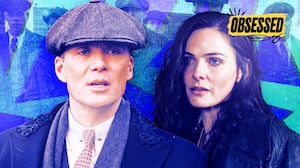 A photo illustration for the Obsessed podcast of Cillian Murphy and Rebecca Ferguson in Peaky Blinders.