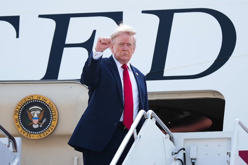 JOINT BASE ANDREWS, MARYLAND - JULY 01: U.S. President Donald Trump boards Air Force One on July 01, 2026 at Joint Base Andrews, Maryland. Trump is traveling to North Dakota to attend the Theodore Roosevelt Presidential Library dedication on his first trip using the new Air Force One aircraft gifted to the U.S. by Qatar's government. (Photo by Andrew Harnik/Getty Images)