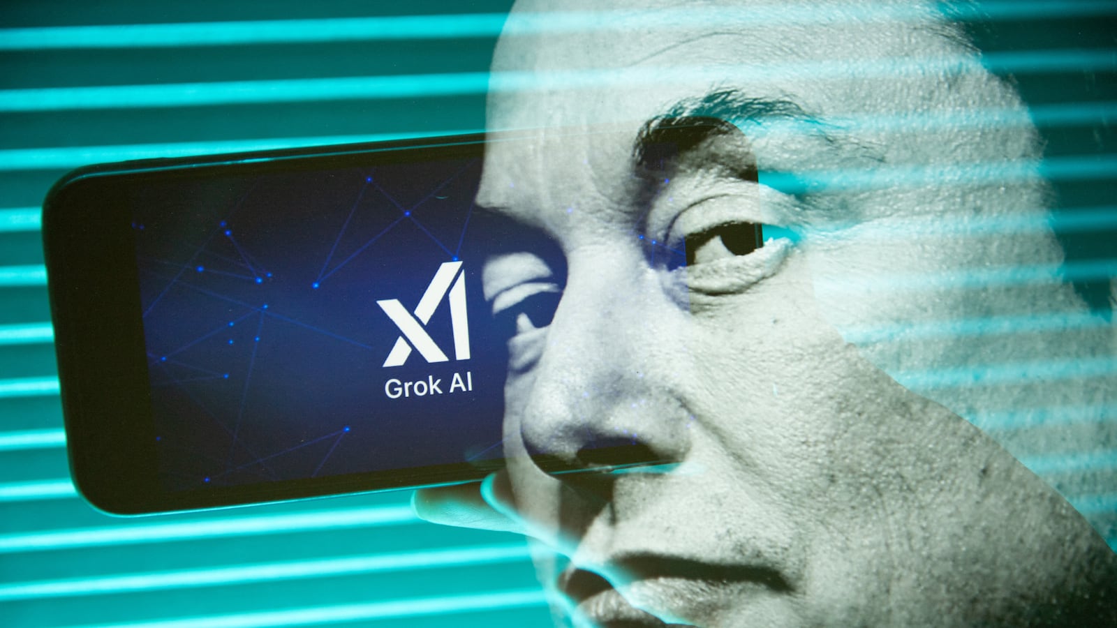 Double exposure photograph of a portrait of elon musk and a person holding a telephone displaying the grok artificial intelligence logo in Kerlouan in Brittany in France on February 18 2025. (Photo by Vincent Feuray / Hans Lucas / Hans Lucas via AFP) (Photo by VINCENT FEURAY/Hans Lucas/AFP via Getty Images)