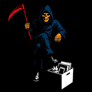 Grim Reaper with a red scythe and orange skull and hands in front of a box used to clear out your desk when fired