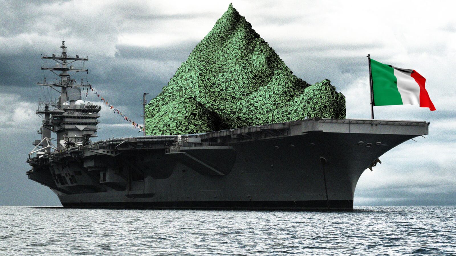 A photo including a U.S Navy boat, a pile of money, and an Italian Flag