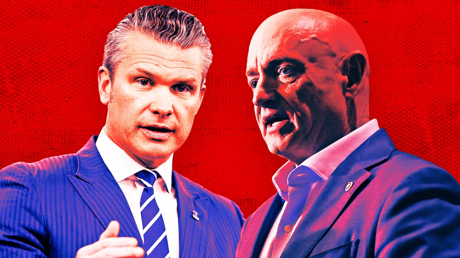 A photo illustration of Pete Hegseth and Mark Kelly.