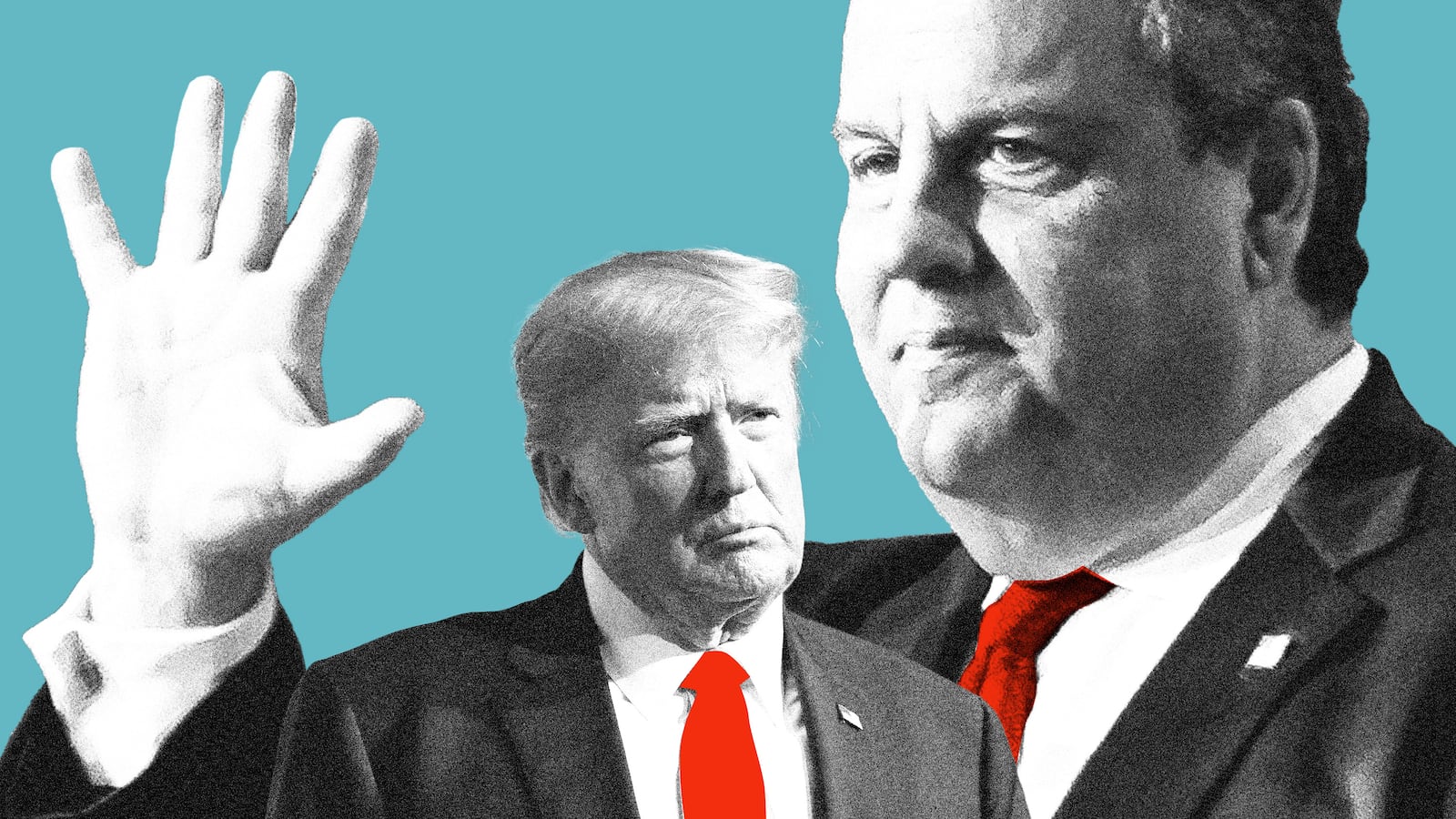 Photo illustration of former US president Donald Trump and former New Jersey governor Chris Christie on a blue background with red ties.