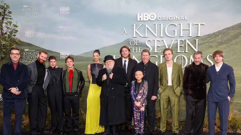 BERLIN, GERMANY - JANUARY 13: Daniel Ings, Edward Ashley, Shaun Thomas, Finn Bennett, Tanzyn Crawford, George R.R. Martin, Peter Claffey, Dexter Sol Ansell, Sam Spruell, Bertie Carvel and Ira Parker attend the world premiere of "A Knight Of The Seven Kingdoms" at Zoo Palast on January 13, 2026 in Berlin, Germany.