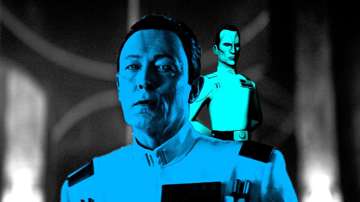 A photo illustration showing Admiral Thrawn from Ahsoka and Star Wars Rebels