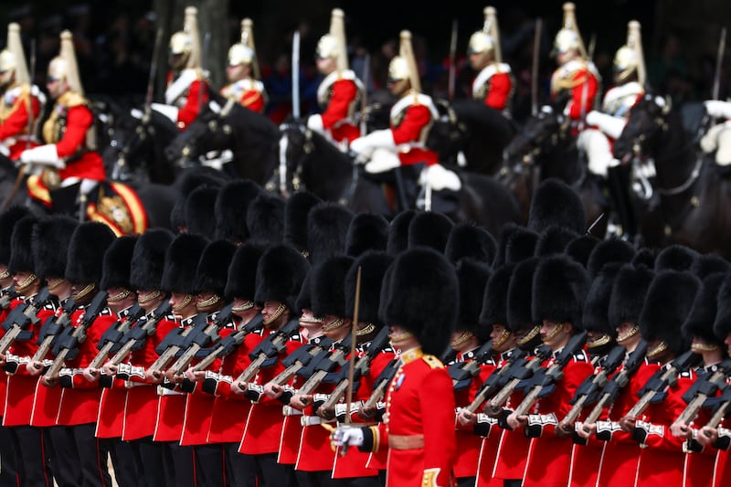 Members of the Household Division march during the Trooping the Colour parade to honour Britain's King Charles, as part of the official birthday celebrations, in London, Britain, June 13, 2026. REUTERS/Toby Melville