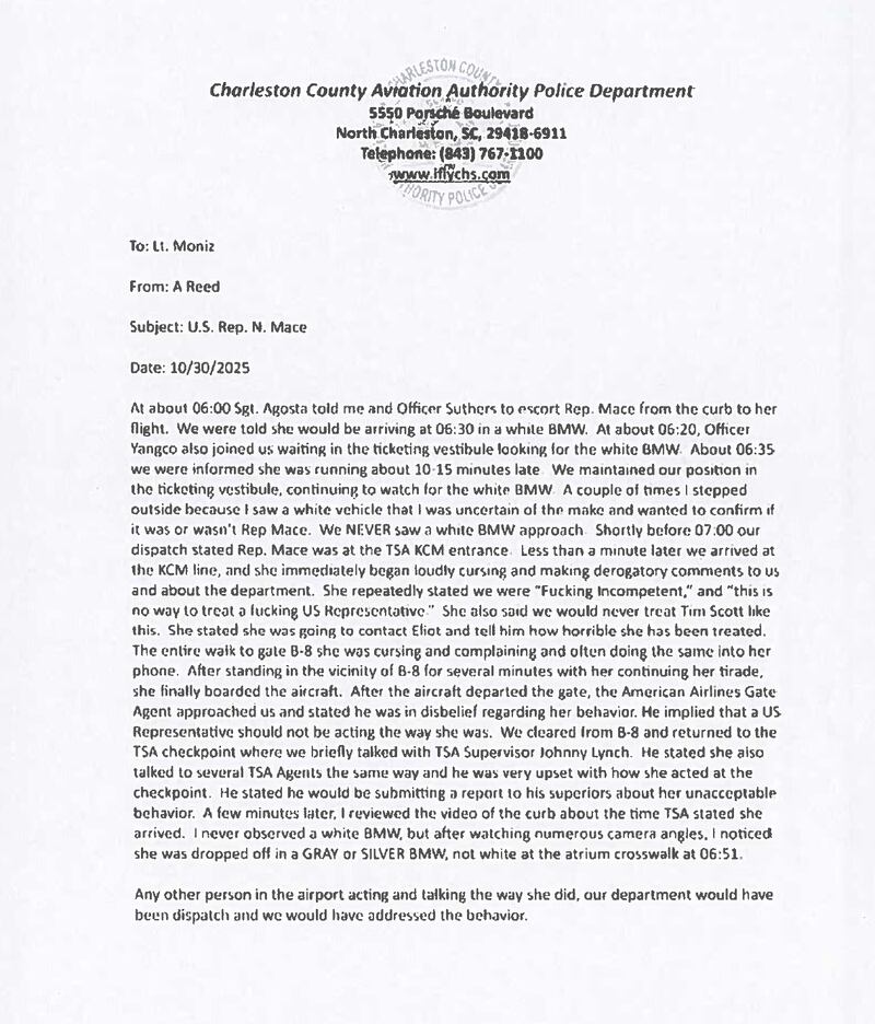Nancy Mace correspondence from reporting officer Reed at Charleston Airport 10/30/25