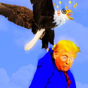 A photo illustration of Donald Trump and a Bald Eagle in the sky.