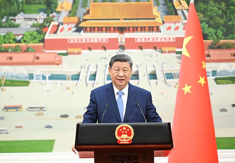 Chinese President Xi Jinping delivers a speech after receiving the credentials of 16 new ambassadors to China at the Great Hall of the People in Beijing, capital of China, July 25, 2025. (Photo by Xie Huanchi/Xinhua via Getty Images)