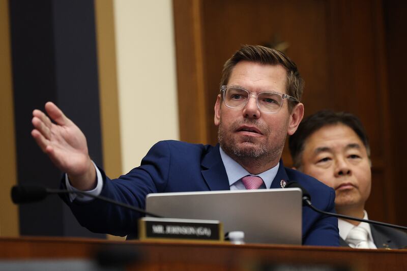 Rep. Eric Swalwell (D-CA) speaks during a House Judiciary Committee hearing with Federal Bureau of Investigation Director Kash Patel