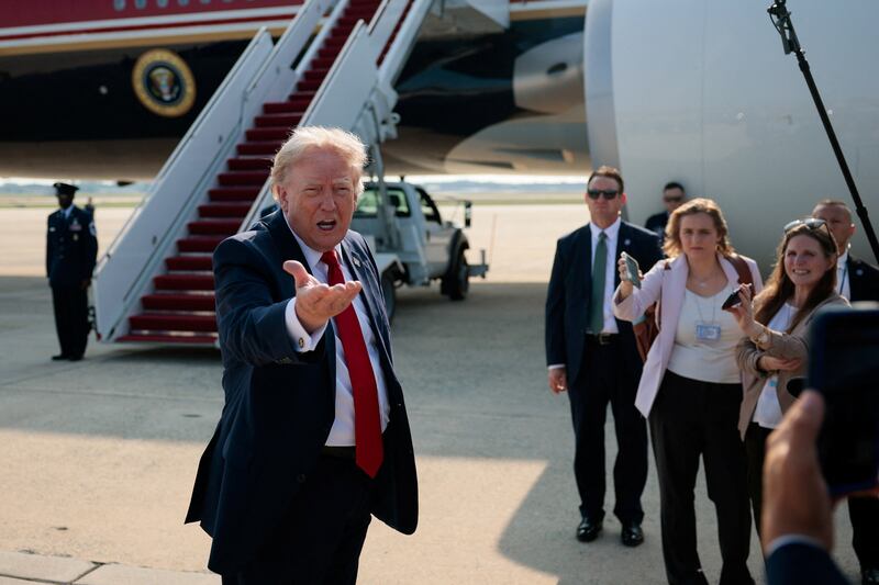 U.S. President Donald Trump gestures as he speaks with reporters before boarding the new Air Force One, a plane gifted by the Qatari government, at Joint Base Andrews, Maryland, U.S., July 1, 2026.